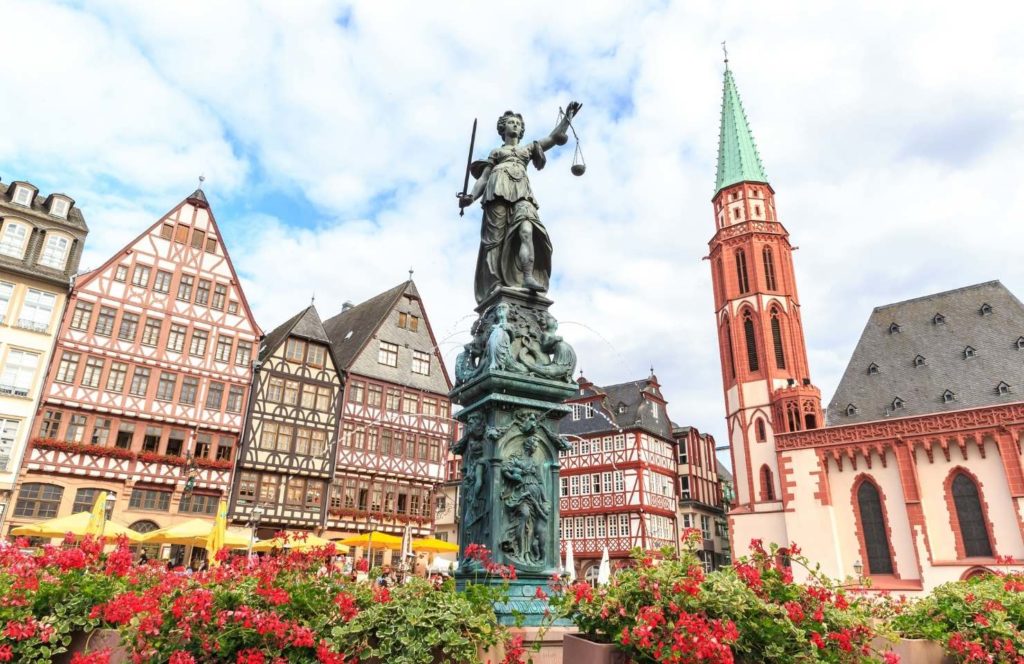 old town square romerberg with Justitia statue in Frankfurt Germany