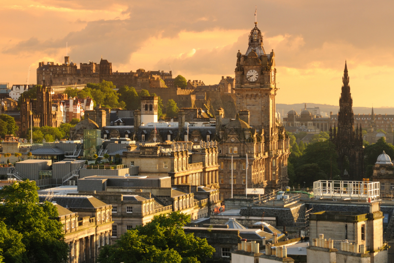 View over Edinburgh in Scotland at sunset
