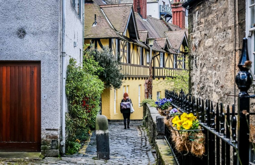 Street in Dean Village in Edinburgh during a city break