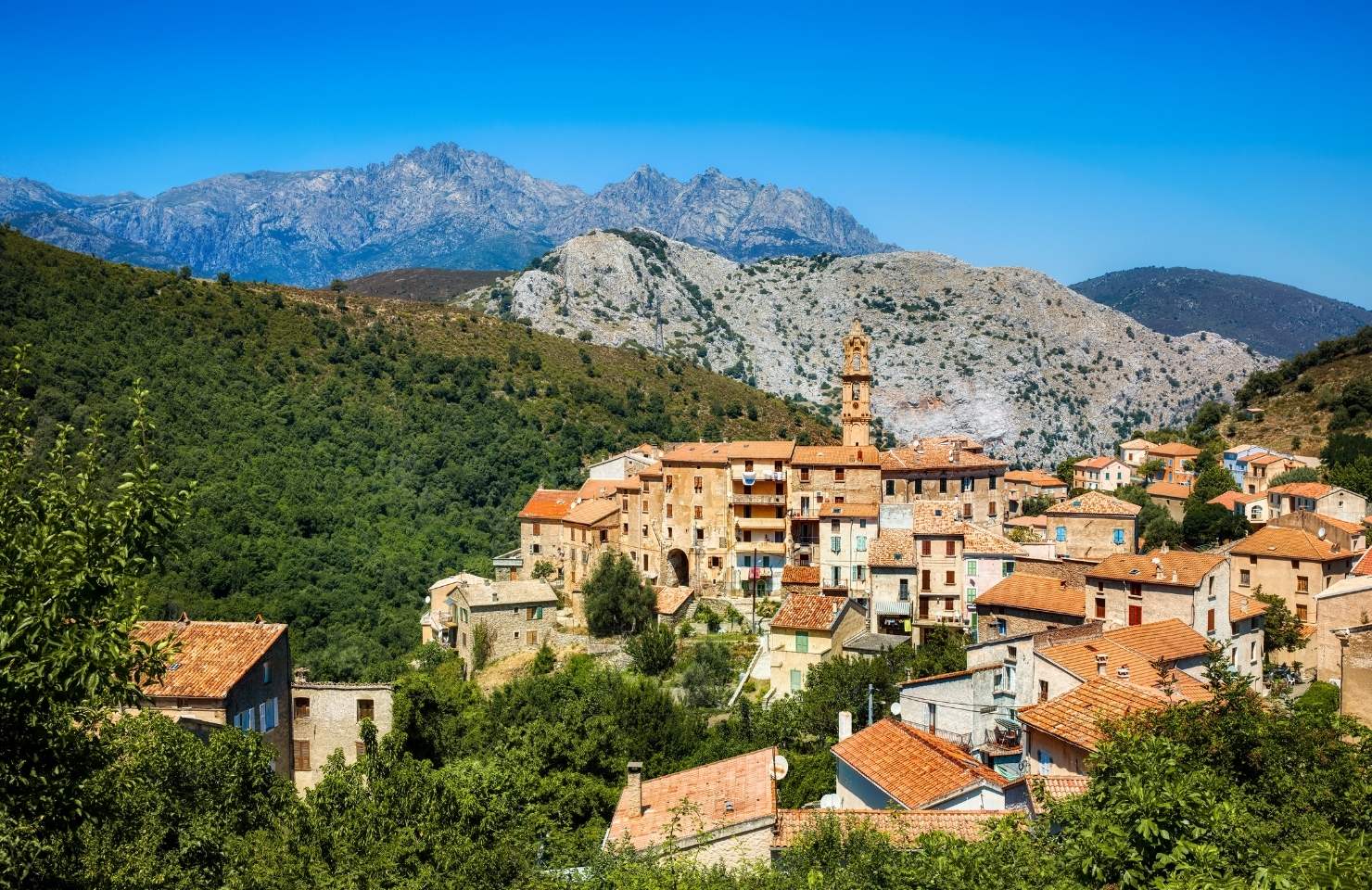 moutain, town, blue sky in corsica