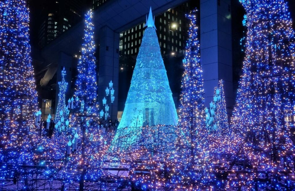 a christmas tree display in Tokyo - one of the most unique Christmas destinations