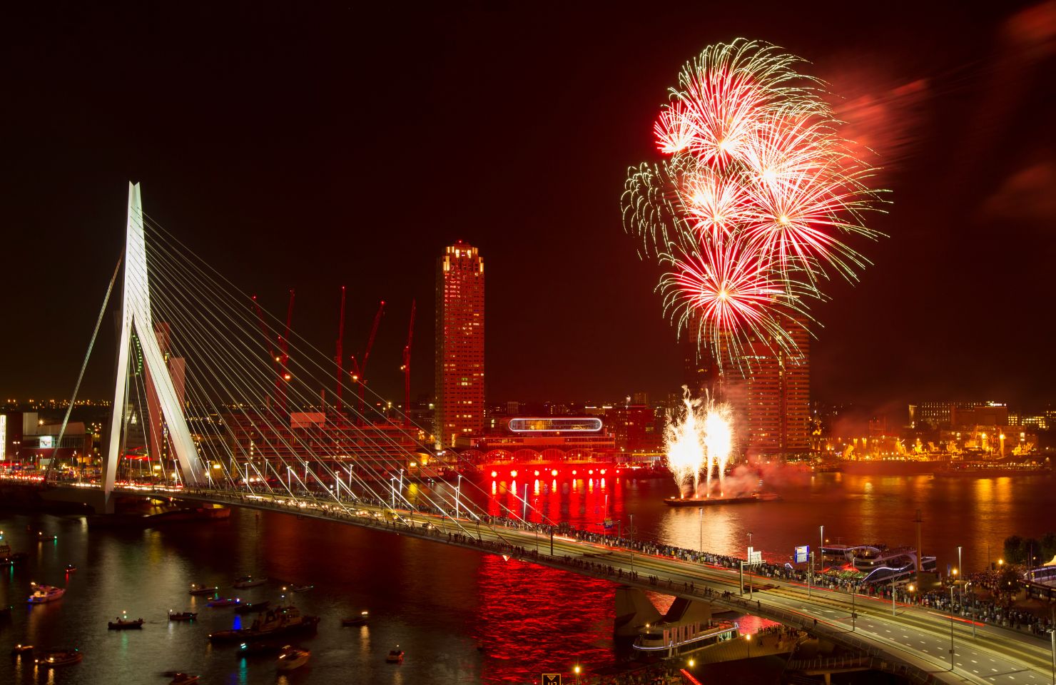 Feuerwerk über der Erasmusbrücke in Rotterdam