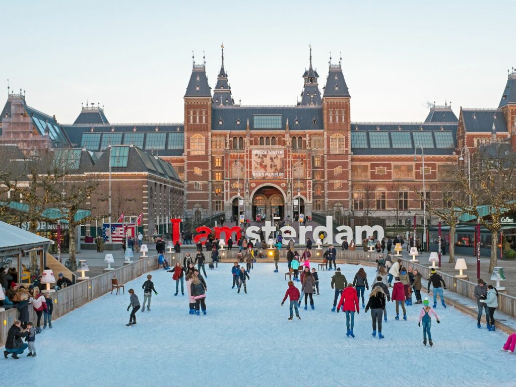 ice rink in amsterdam near the rijkmuseum - one of the best places for ice skating in the Netherlands
