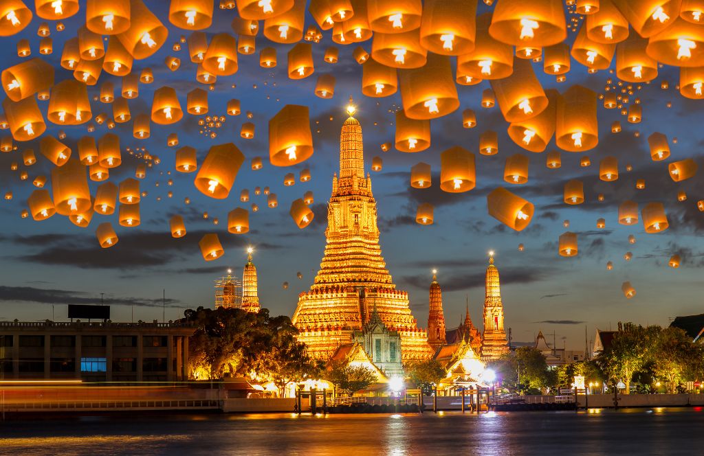 bangkok at new year with floating lanterns
