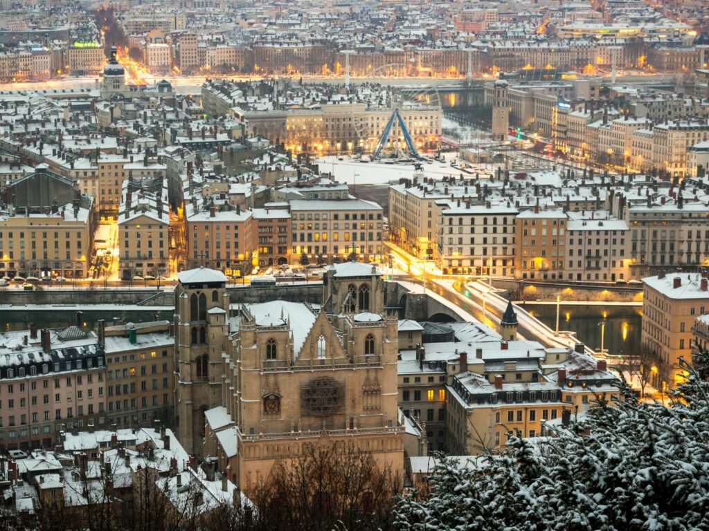 the rooftops of Lyon covered in snow during Christmas in France