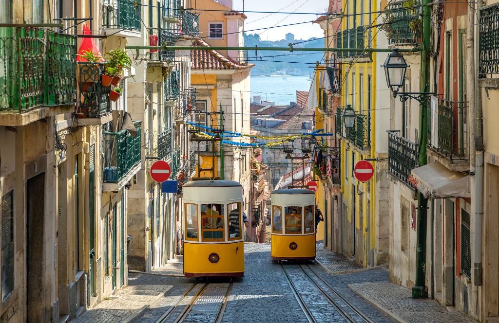 a typical lisbon street with trams