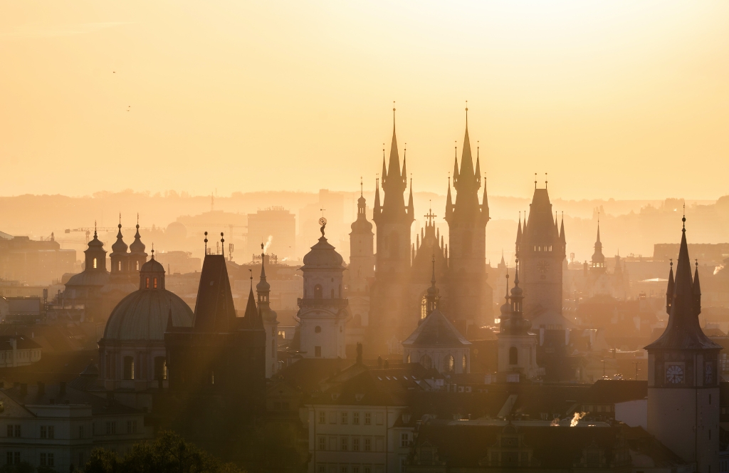 Prague skyline at sunset, prague travel guide