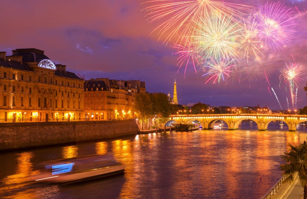 fireworks over the seine during new year in paris