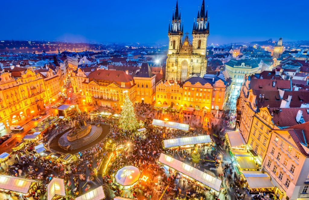 Prague's square at night during the Christmas holidays