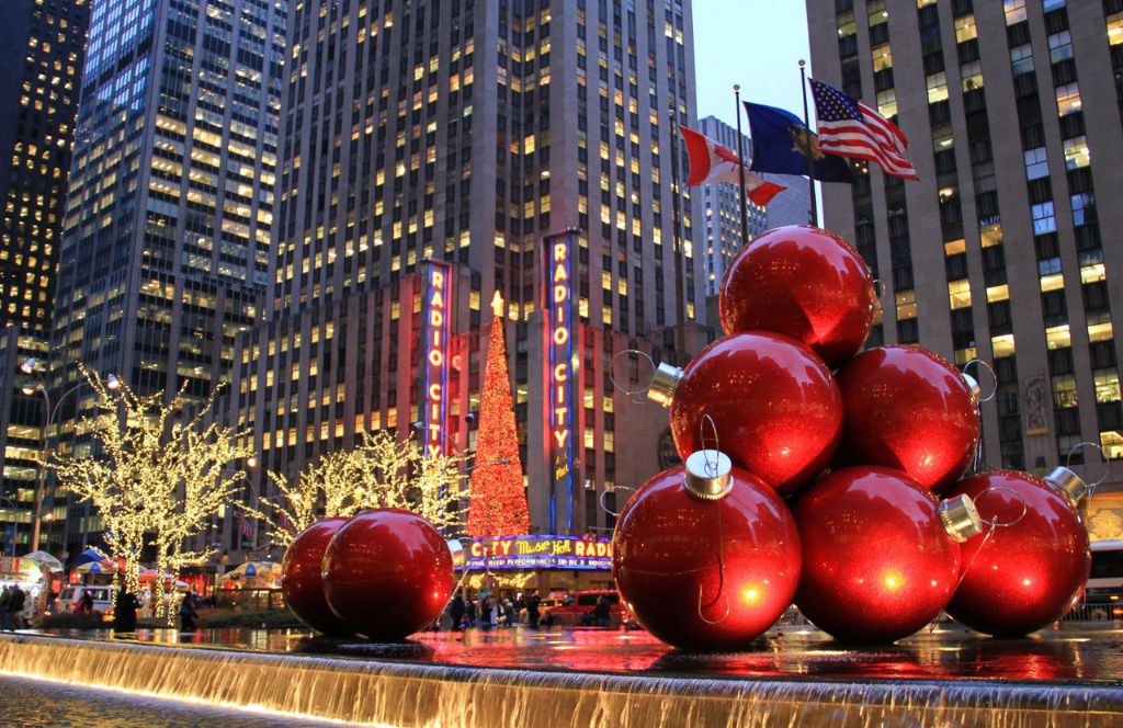 Christmas in New York, big red baubles in the middle of the city