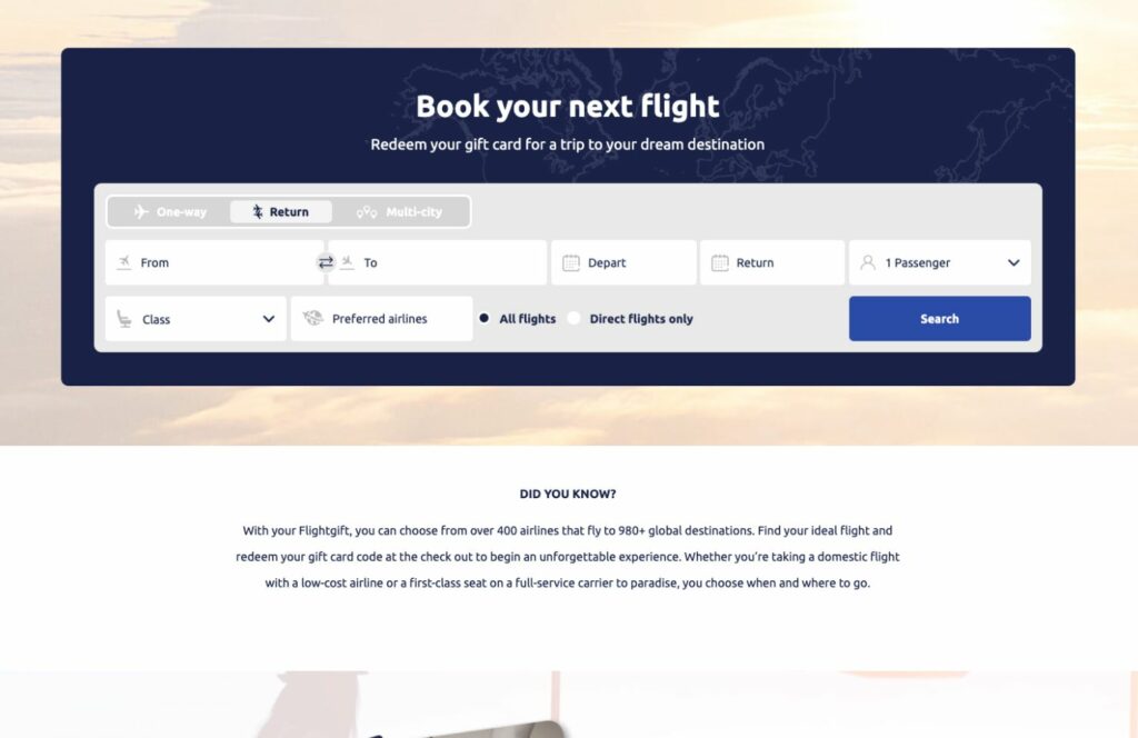 redeem your flightgift through the online booking engine