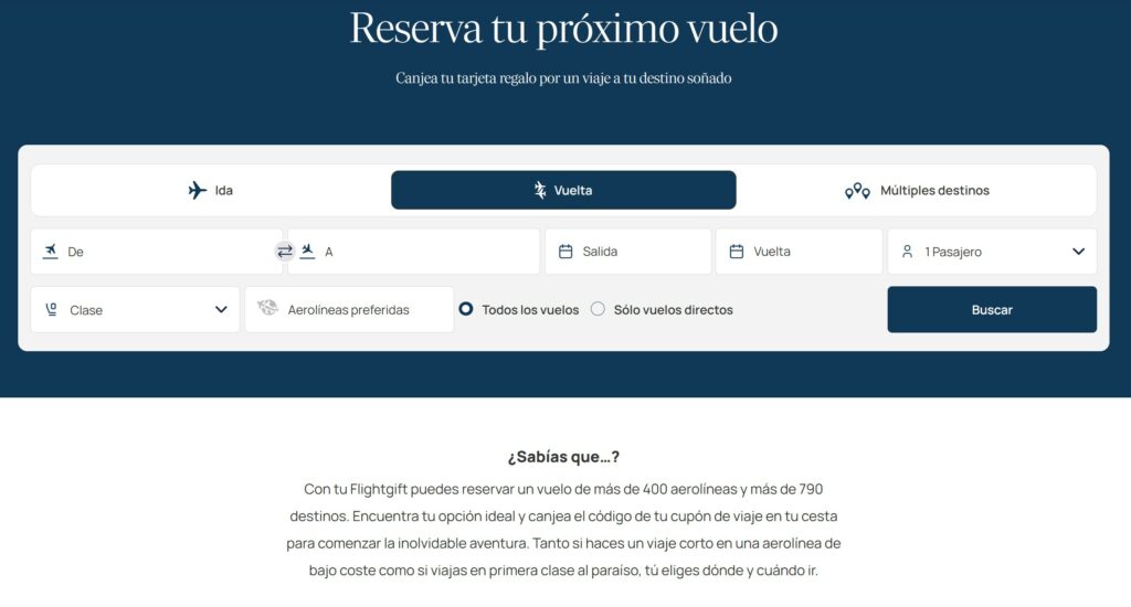 Espacio para canjear la tarjeta regalo de Flightgift por vuelos con las mejores aerolineas