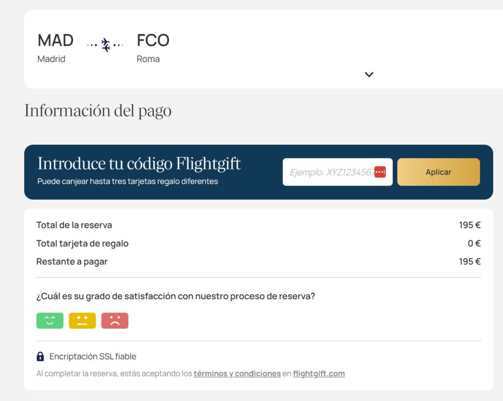 Reserva de vuelo e introduccion de puntos de tarjeta flightgift en sistema de reservas