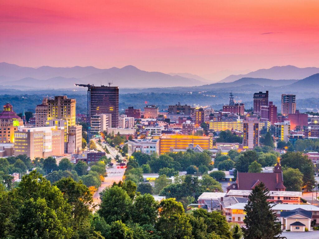 Asheville at sundown is one of the best valentine's day getaways in the USA
