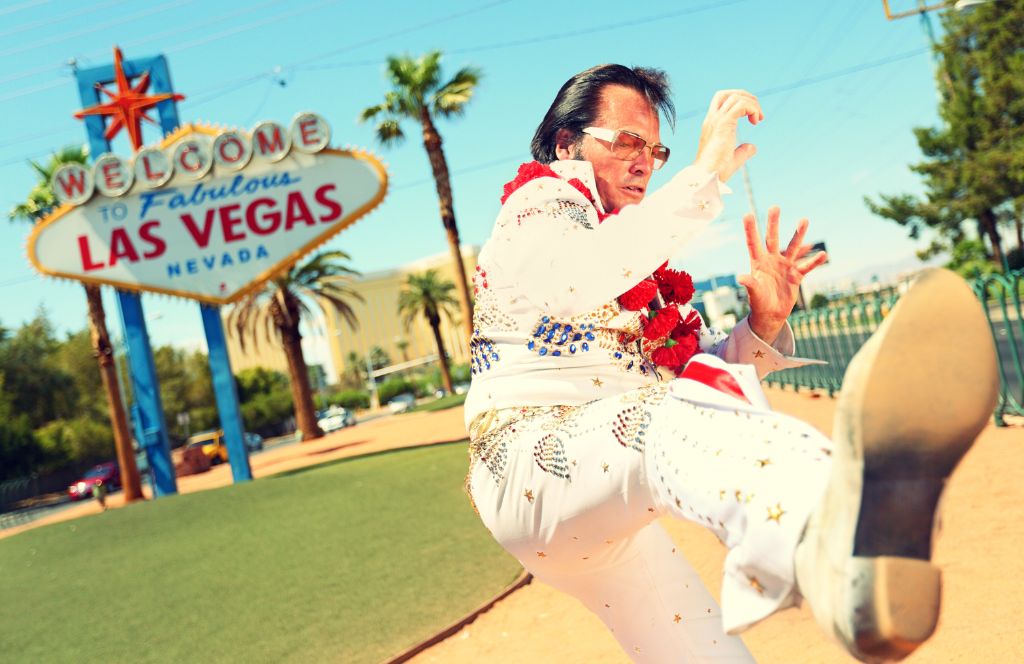 an elvis impersonator on a stag do in vegas