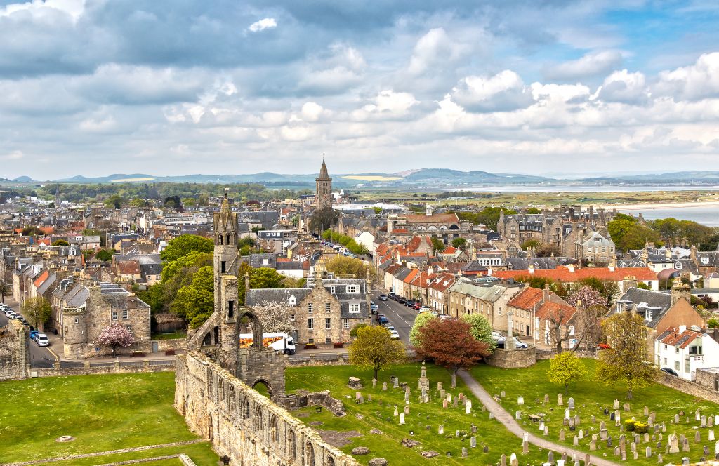 the view of st. andrews in scotland from above on a sunny day