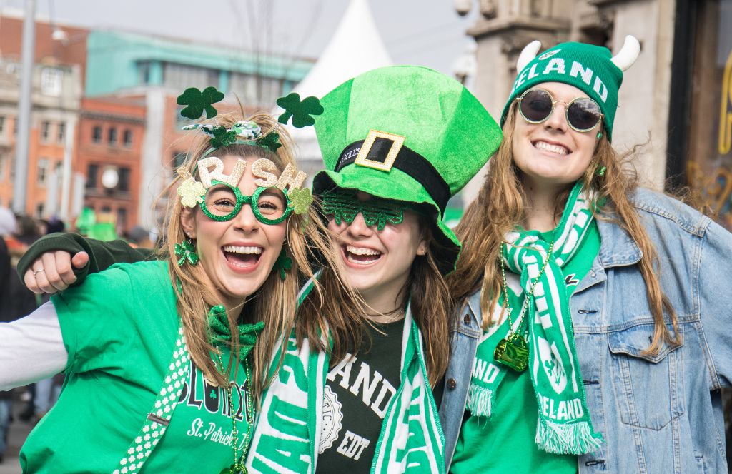 3 girls celebrate St Patrick's Day in Dublin 2024