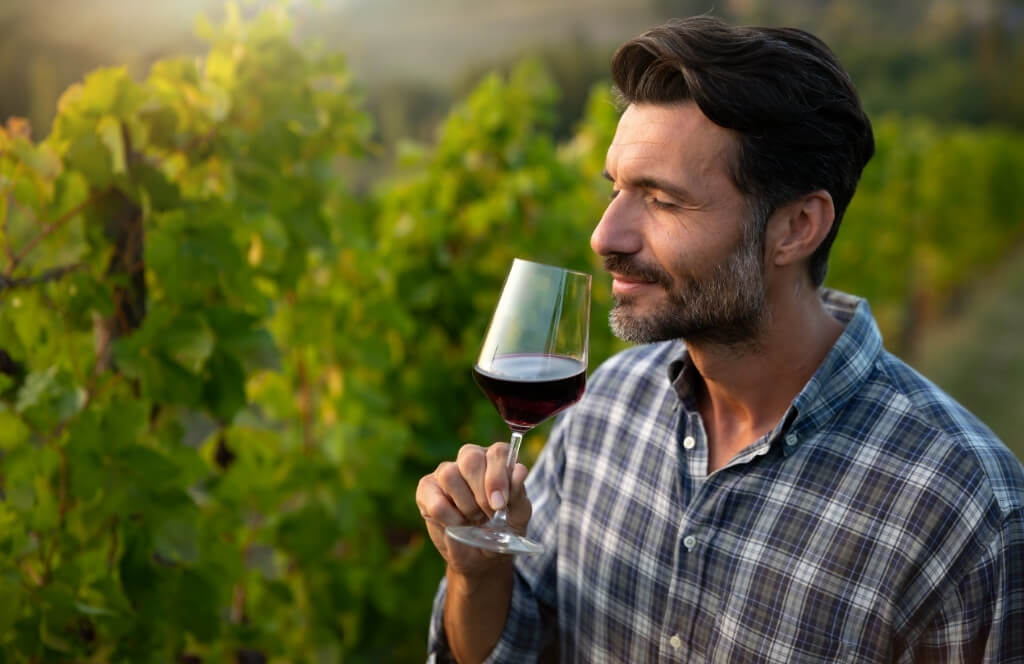 Un homme dégustant le vin dans un domaine pour ses 50 ans