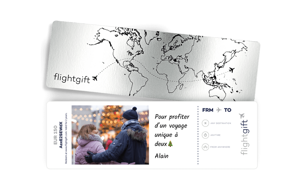 une carte cadeau billet d'avion offerte pour voir un marché de Noël en Europe