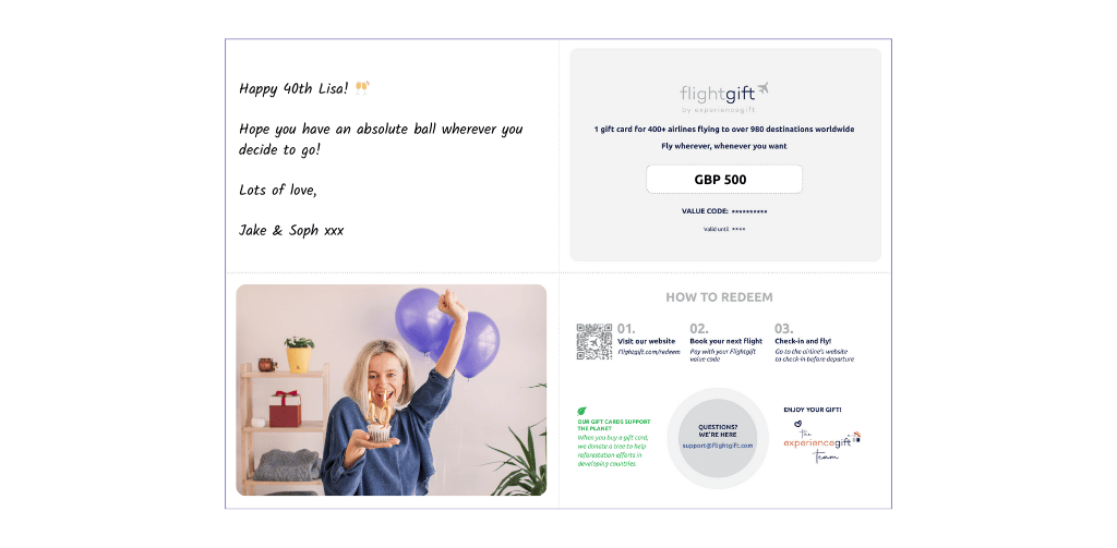 send a PDF airline gift card from flightgift. Print at home to give in person