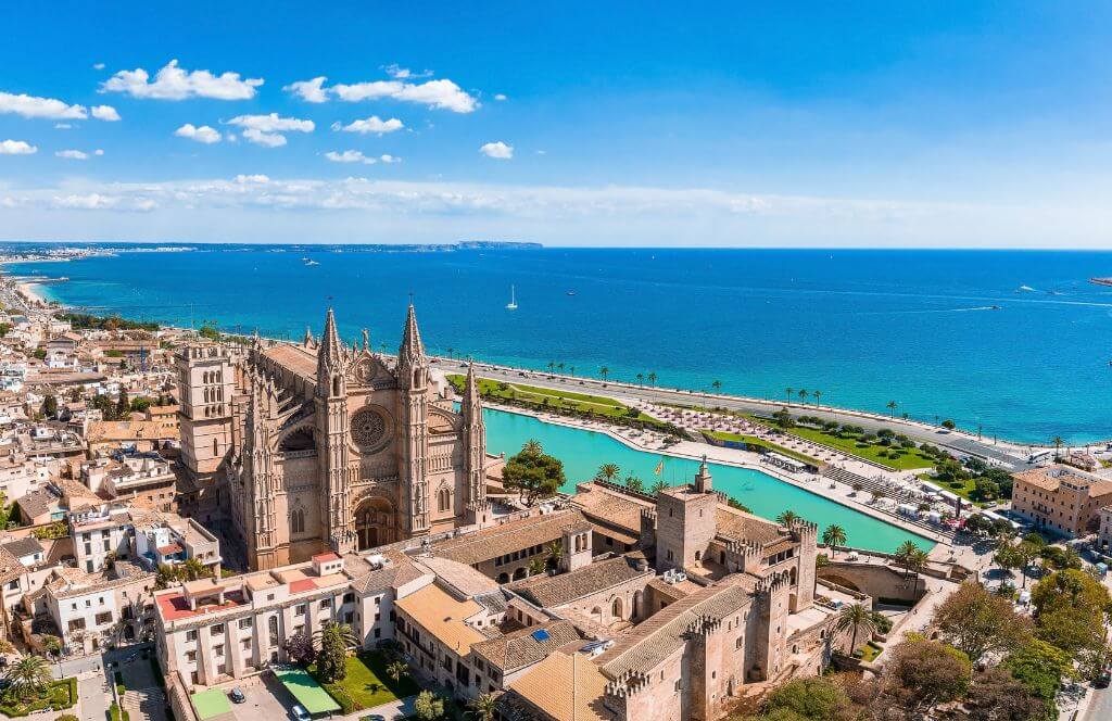 Aerial view of La Seu, the gothic medieval cathedral of Palma de Mallorca in Spain
