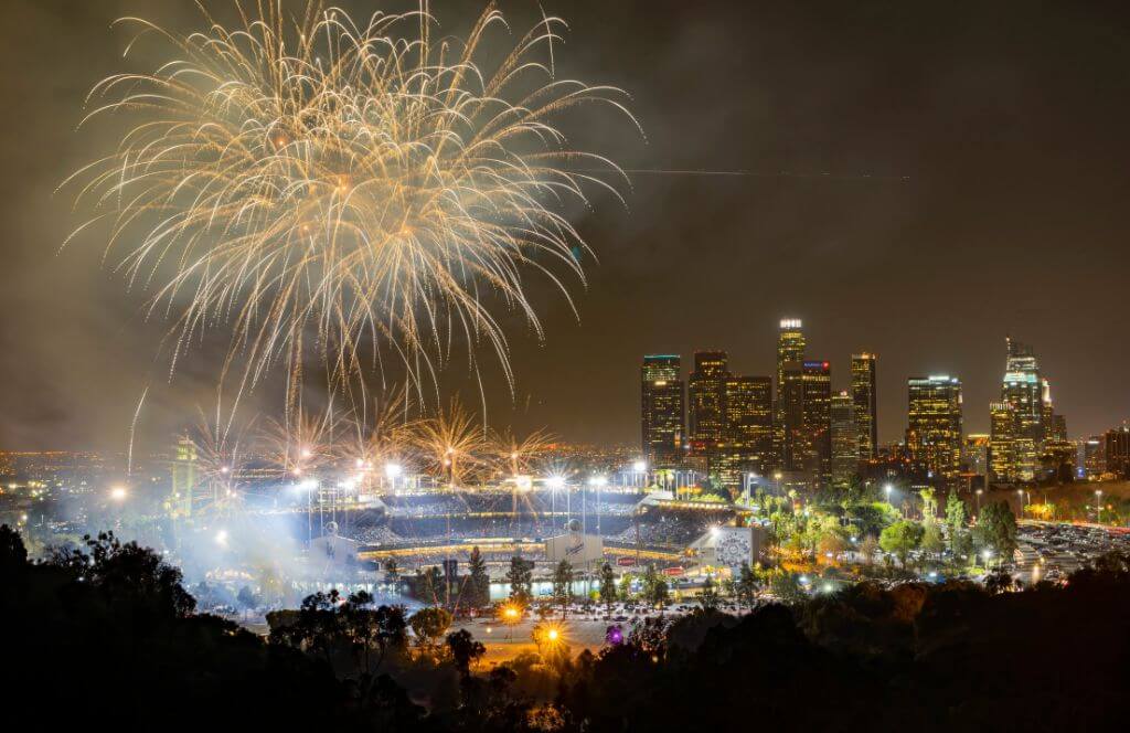 Beautiful fireworks over the famous Dodger Stadium