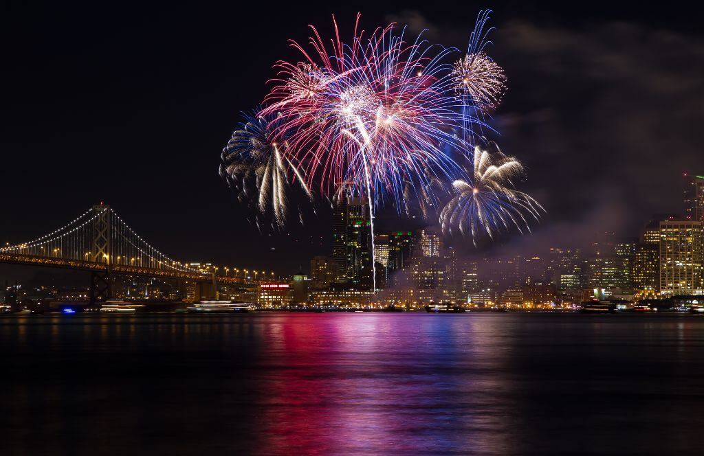 San Francisco fireworks over the bridge.