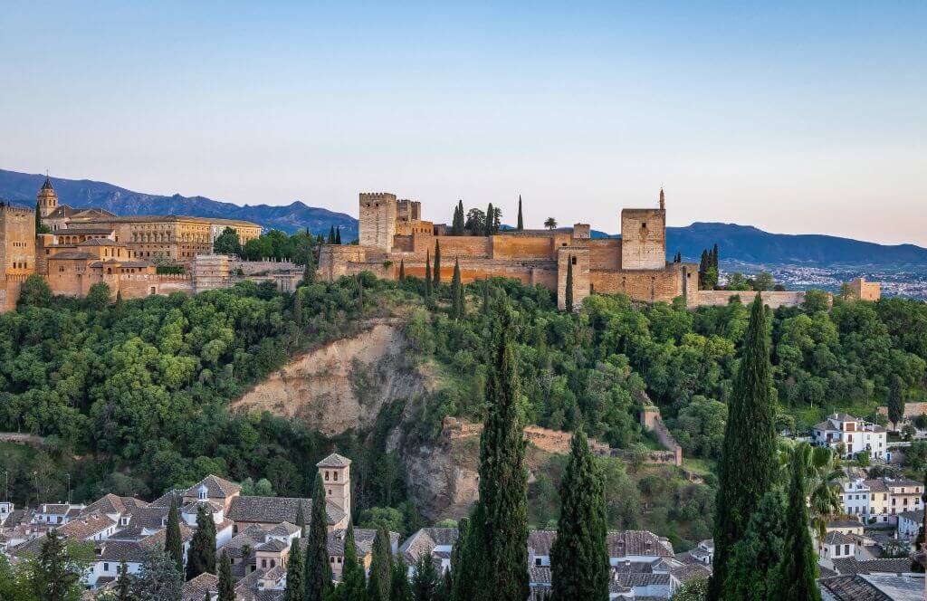 Albaicin, Granada, Province of Granada, Andalusia, Spain. Sunset view of the Alhambra in Granada.