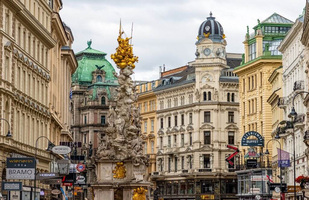 The Graben is one of the most famous squares in Vienna city center. In the background is the Column of Pest (Wiener Pestsäule)