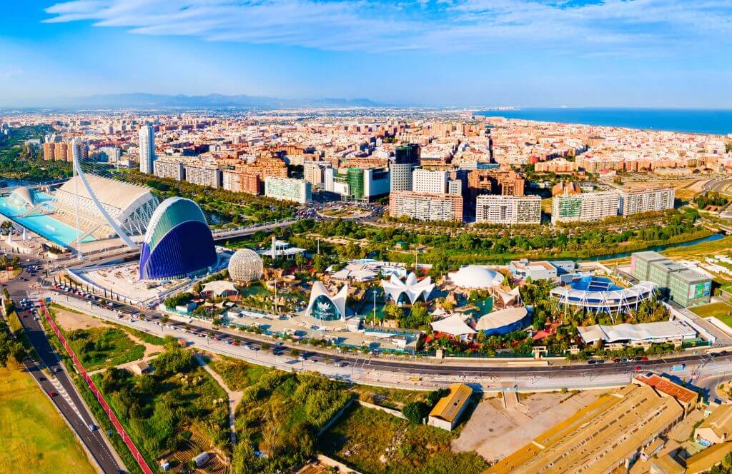 The City of Arts and Sciences or Ciudad de las Artes y las Ciencias aerial panoramic view. It is a cultural and architectural complex in Valencia city, Spain.