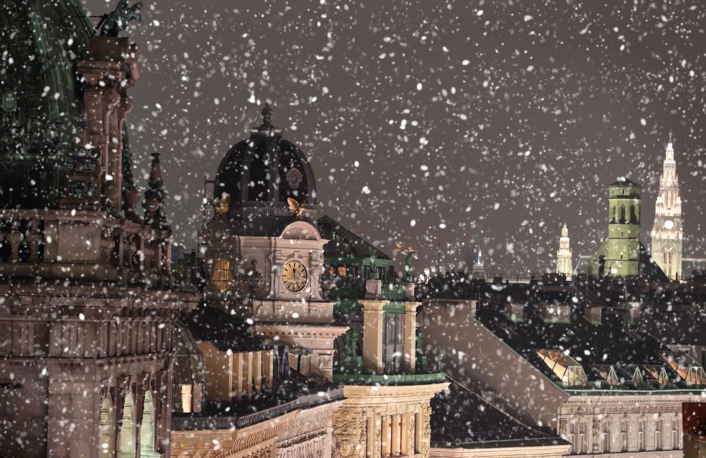 Tejados de Viena con nieve cayendo durante el invierno, escapada romántica en Austria
