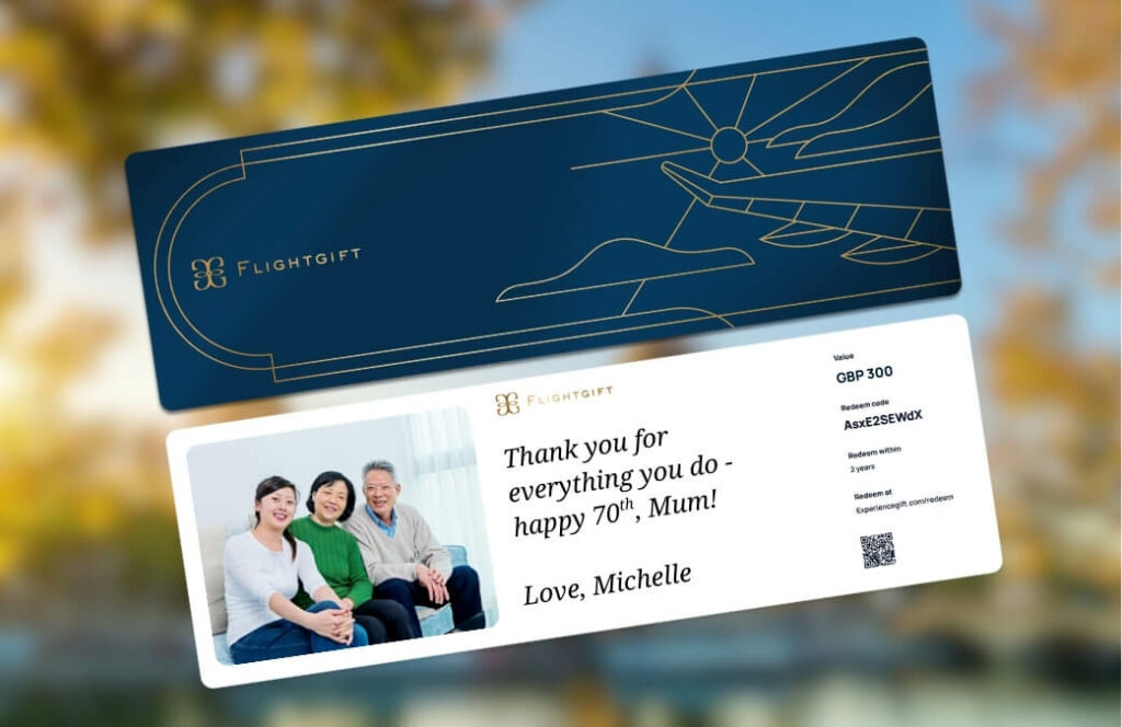 Flightgift voucher, meaningful 70th birthday gift