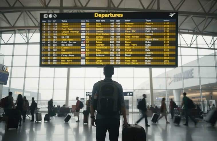 Young man with his back to the camera looking at departure board in an airport