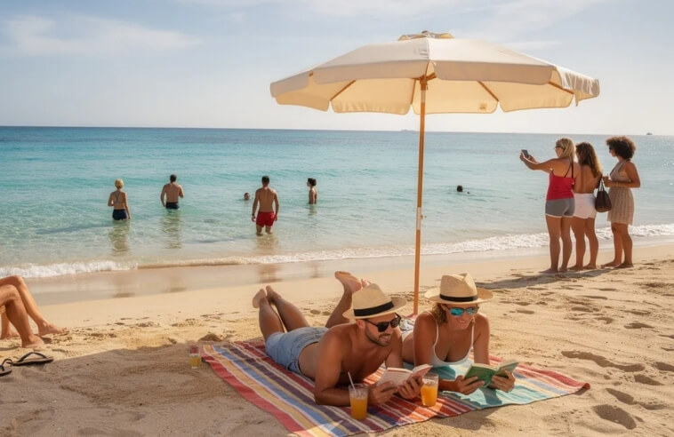 A group of travelers relaxes on a sunny Mediterranean beach, enjoying the warm weather and the turquoise water