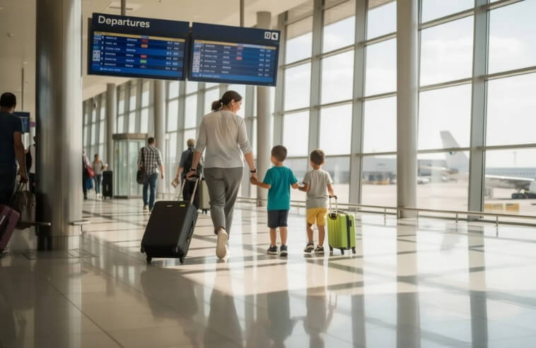 A family with children is seen walking through the bustling airport departure hall.
