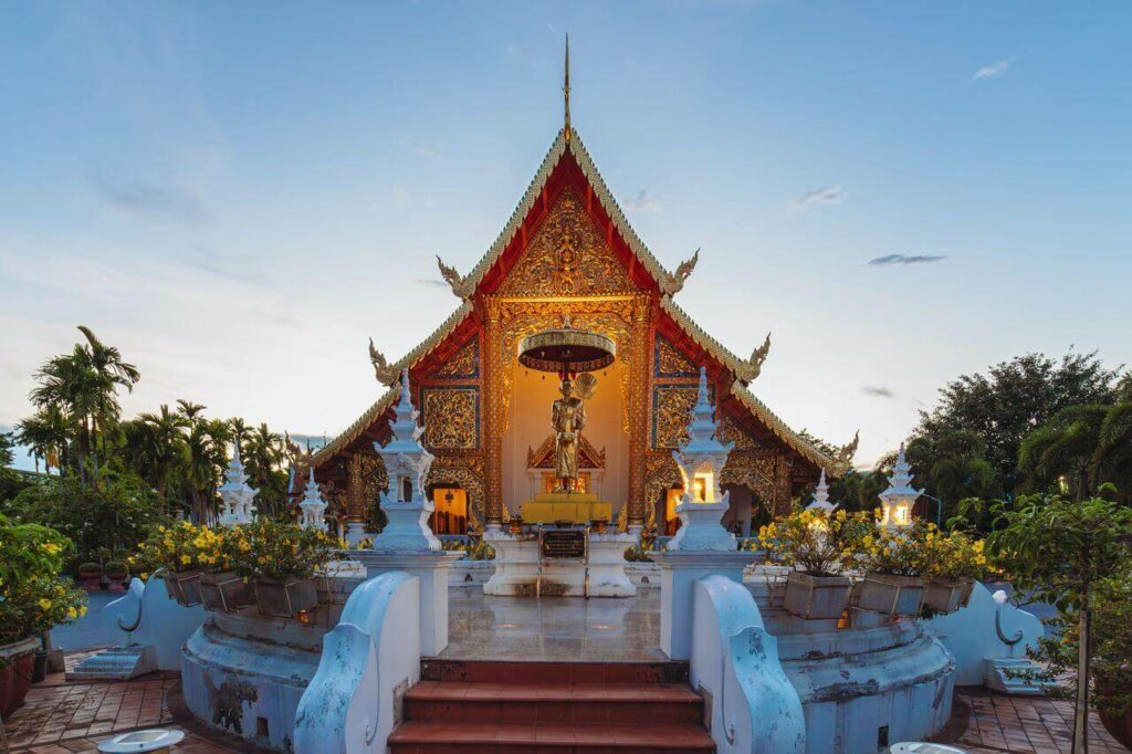 Stunning view of Wat Phra Singh Temple in Chiang Mai, Thailand during twilight
